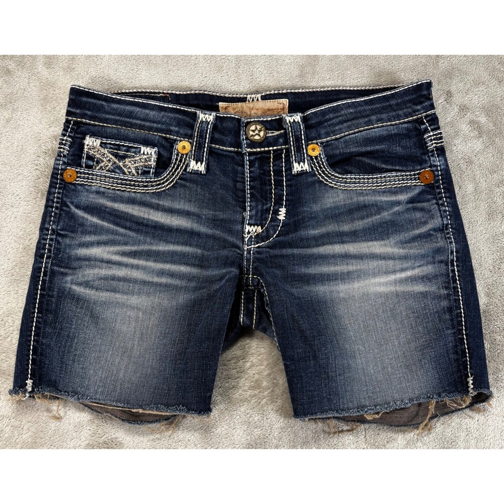 Big Star Liv Boot Shorts Womens 26 R Blue Whiskers Heavy Stitch Cut Off Jorts